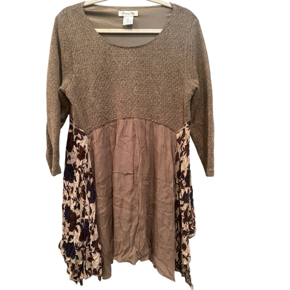 Chocolate Brown & Floral Tunic/Fall Dress Scoop Neck Boho Flowy Casual Sz M - Picture 1 of 8